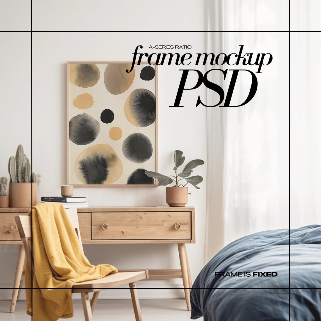 DIN A2 Frame Mockup PSD Vertical Frame in Colorful Bedroom