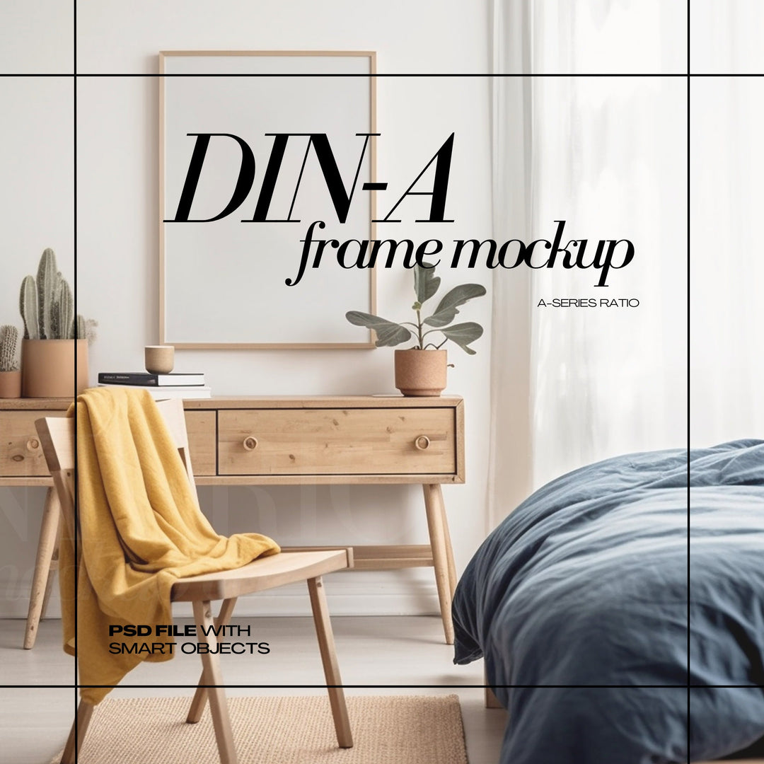 DIN A2 Frame Mockup PSD Vertical Frame in Colorful Bedroom