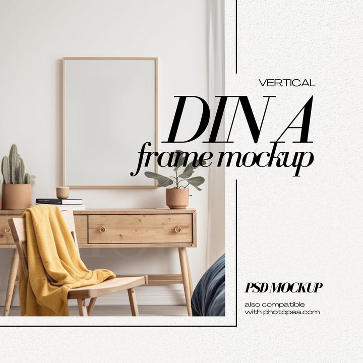 DIN A2 Frame Mockup PSD Vertical Frame in Colorful Bedroom