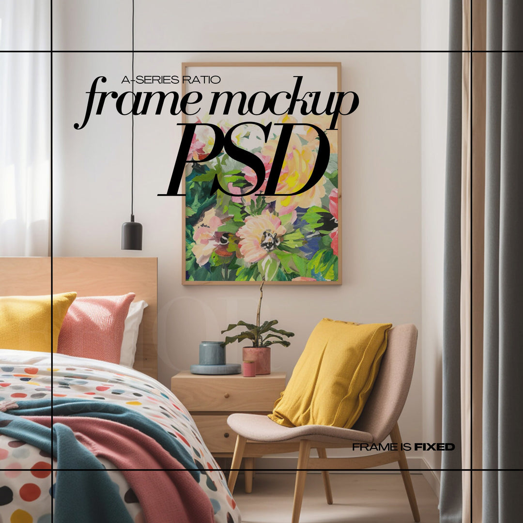 DIN A1 Frame Mockup PSD Vertical Wood Frames Mock up in Colorful Bedroom