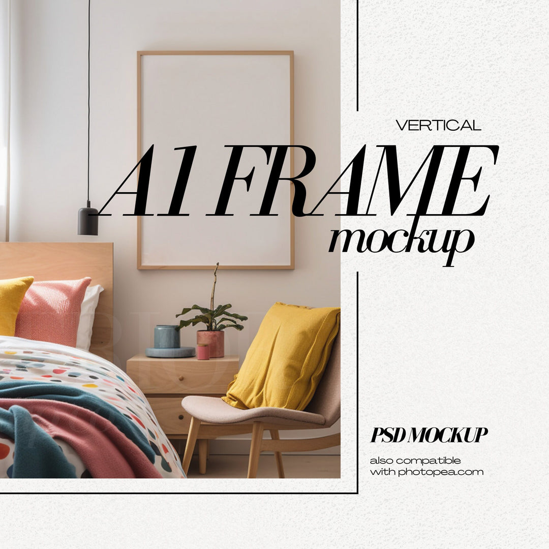 DIN A1 Frame Mockup PSD Vertical Wood Frames Mock up in Colorful Bedroom