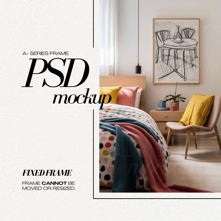 DIN A1 Frame Mockup PSD Vertical Wood Frames Mock up in Colorful Bedroom