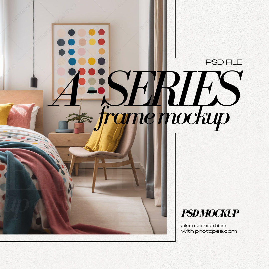 DIN A1 Frame Mockup PSD Vertical Wood Frames Mock up in Colorful Bedroom